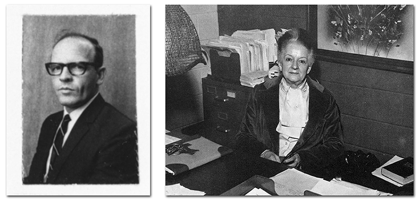 On the left is a portrait of Principal Carpenter from the Fairfax County Public Schools staff directory, 1970 to 1971. On the right is a portrait of Principal Williamson. She is seated in her office at her desk.