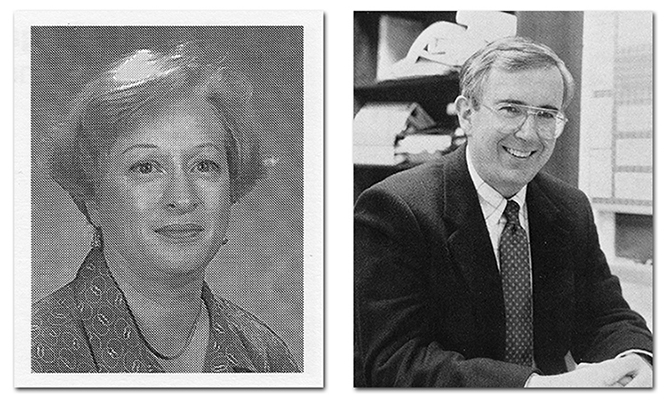 On the left is a portrait of Principal Bender from the Fairfax Association of Elementary School Principals directory, 1997 to 1998. On the right is a portrait of Principal Stewart taken in 1989. He is seated in his office.